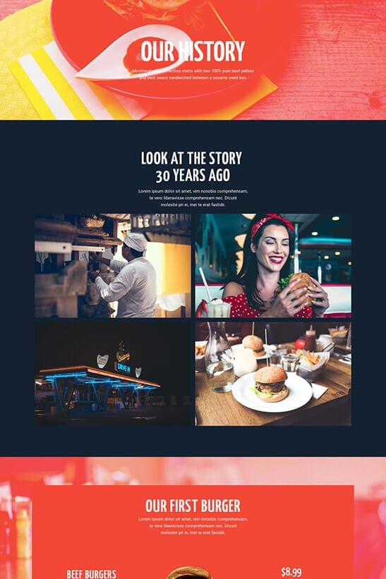 Restaurant website theme - Our history page