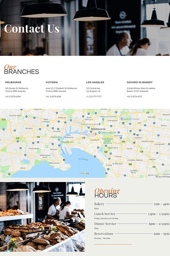 Bakery cafe and restaurant website design - contact page